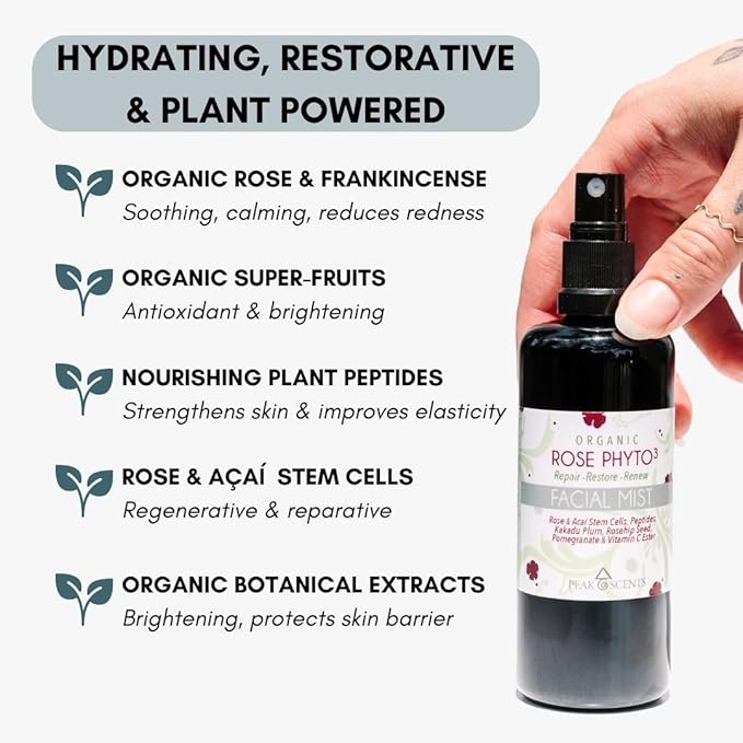 Organic & Vegan Rose Phyto³ Water Facial Spray - Moisturizing Face Mist & Setting Spray, Soothing, Hydrating Mist Rose Water For Face - Great for Facial Massaging (4 oz)-Velvo Beauty