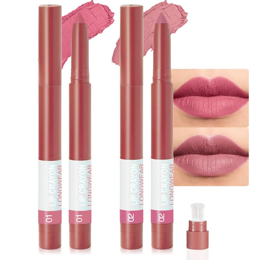 BINGBRUSH Matte Lip Crayon Set – Longwear, Waterproof, Velvet Finish, Built-in Sharpener, Smooth Lip Liner & Gloss (01#+02#, 2 Count (Pack of 1))-Velvo Beauty