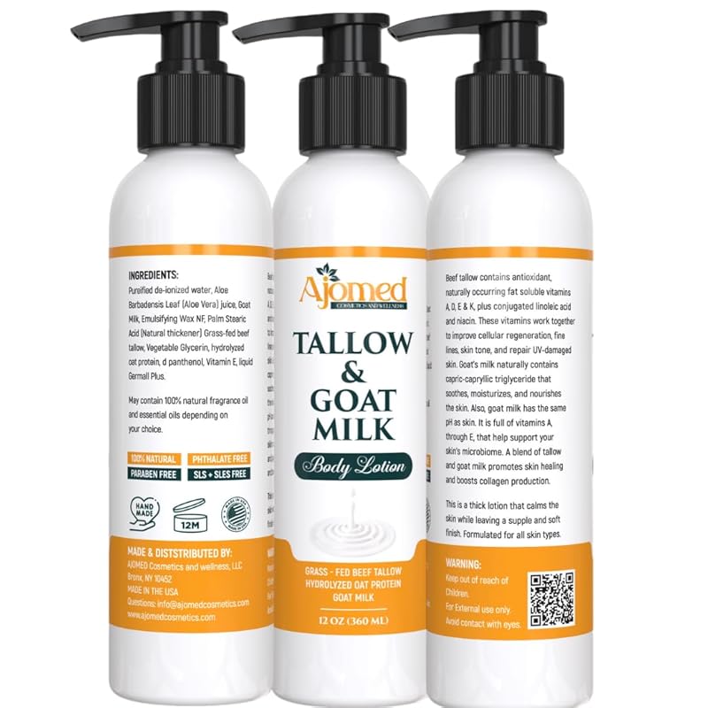 Grass Fed Beef Tallow & Goat Milk Body Lotion for Sensitive Skin, Organic Tallow Lotion - Soothes Dry Patches, Goat Milk Moisturizer - Handmade Tallow Body Lotion (Oatmeal & Honey, 8 Oz)-Velvo Beauty