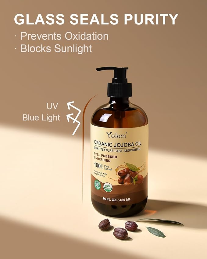 Yoken Organic Jojoba Oil Glass Bottle 16 fl oz, USDA Certified 100% Pure & Natural Jojoba Oil for Hair, Skin & Face, Cold Pressed Unrefined Hexane Free, Deeply Moisturizing Body Serum for Gua Sha-Velvo Beauty