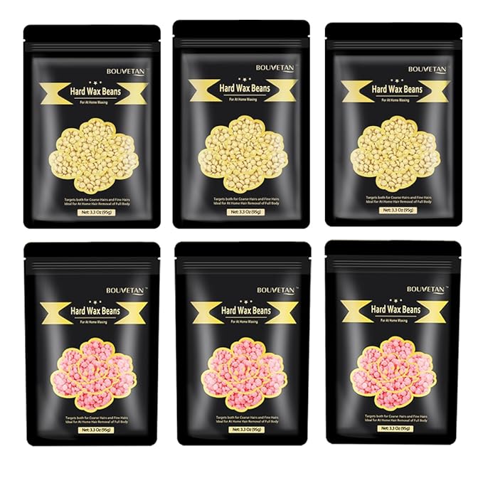 Wax Beads for Hair Removal, Bouvetan 1.3Lb/21oz Hard Wax Beans for Brazilian Waxing, Hard Wax for Eyebrow, Face, Bikini, Legs, Body for Women Men Hair Removal with 10pcs Sticks, 6 Packs-Velvo Beauty