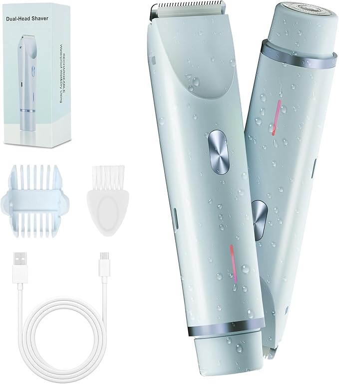 2-in-1 Bikini Trimmer and Shaver Kit for Women, Electric Body Hair Trimmer Facial Hair Removal Cordless Bikini Shaver Razor for Face Lip Chin Pubic Underarm Legs, Blue-Velvo Beauty
