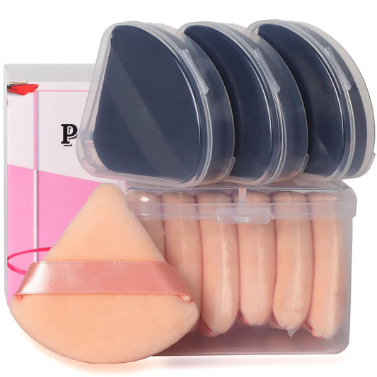 Ocim 10Pcs Triangle Powder Puffs for Face Powder,Soft Velour Triangular Beauty Puff,Makeup Pressed,Baking & Setting Powder Sponge Applicator Pads with Case,Black&Nude-Velvo Beauty