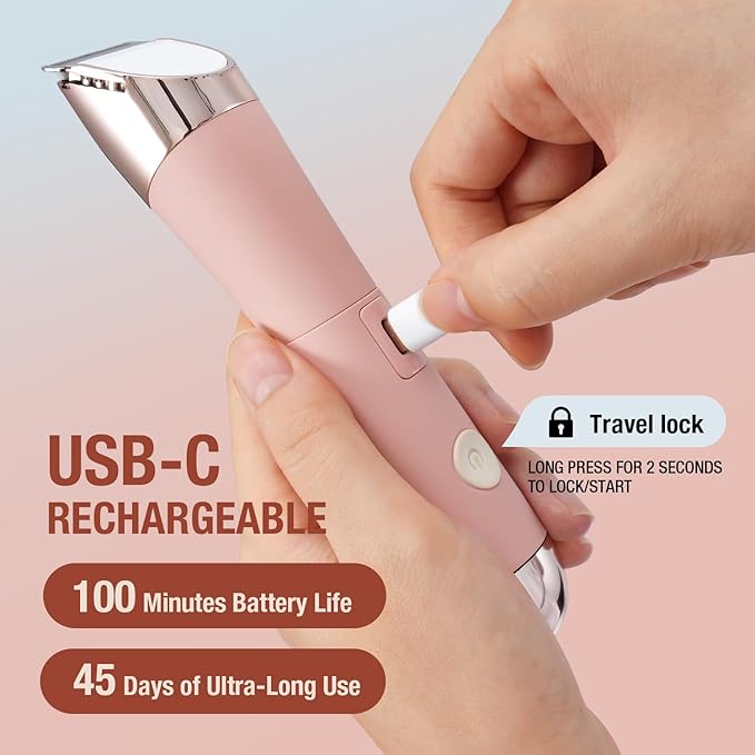 SUPRENT Bikini Trimmer Women- Painless Ladies Hair Removal Waterproof Wet & Dry- 2 in 1 Lady Shaver for Pubic Hair & Facial Hair- Cordless Electric Razors with USB-C Rechargeable-Pink-Velvo Beauty