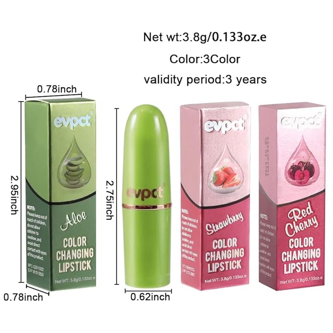 evpct 3Pcs Magic Color Changing Lipstick 24 Hours Original for Women Lasting Waterproof, Aloe Vera Strawberry Black Red Cherry PH Mood Permanent Hardpointing color changing Lipstick Tinted Lip balms-Velvo Beauty