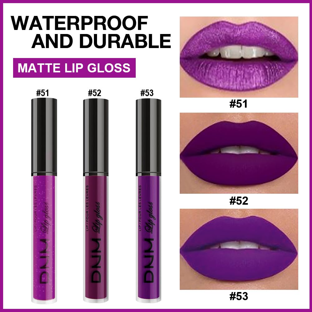 evpct 3Pcs Violet Purple Crystal Metallic Shimmer Glitter Matte Liquid Lipstick Lip Stain Sets for Women Matte+Lipstick Long Lasting Waterproof Permanent 24 Hours Magic Lipstick 24 Hours original-Velvo Beauty