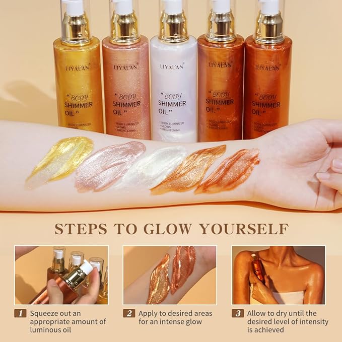 Liyalan Shimmer Body Oil 5 Color Gold 3.38 Fl Oz Face Glow Pearl Highlighter Illuminator Body Makeup Shine Glitter Gold Liquid Taning-Velvo Beauty