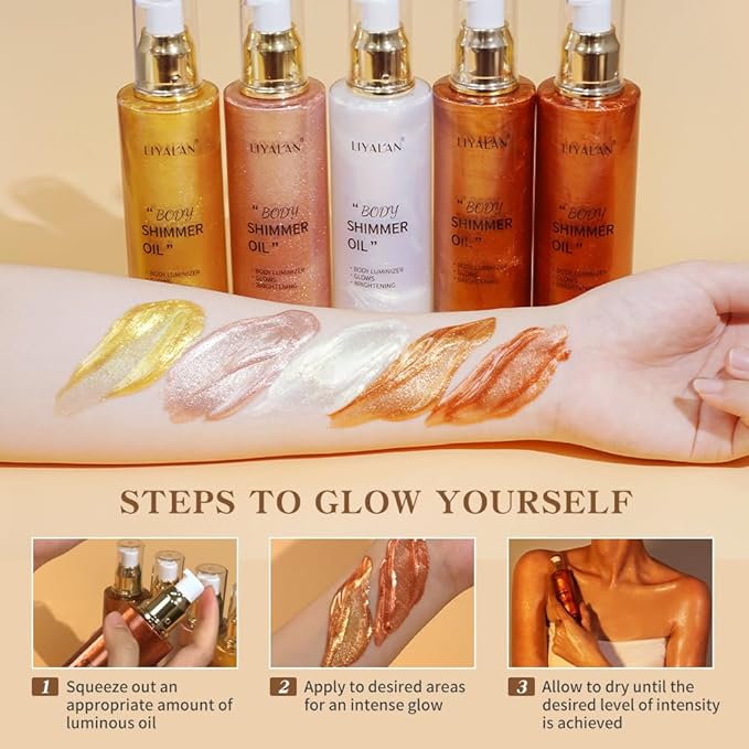 Liyalan Shimmer Body Oil Golden Brown 5 Color Bronze Face Glow Pearl Highlighter Illuminator Body Makeup Shine Glitter Gold Liquid Taning 3.38 Fl Oz-Velvo Beauty
