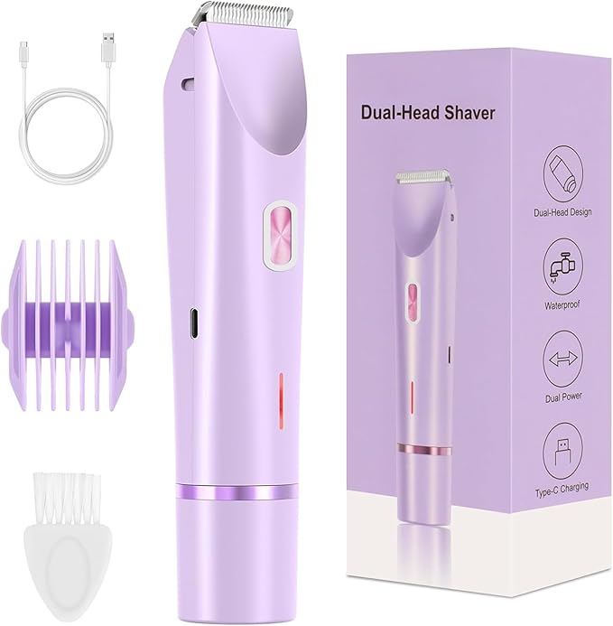 QNHMPW Bikini Trimmer for Women,Electric Razors for Women,2-in-1 Dual Head Shaver- Wet/Dry Shaver Groomer, Waterproof Hygiene Razor Used for Face, Underarm, Leg, Bikini Area(Purple)-Velvo Beauty