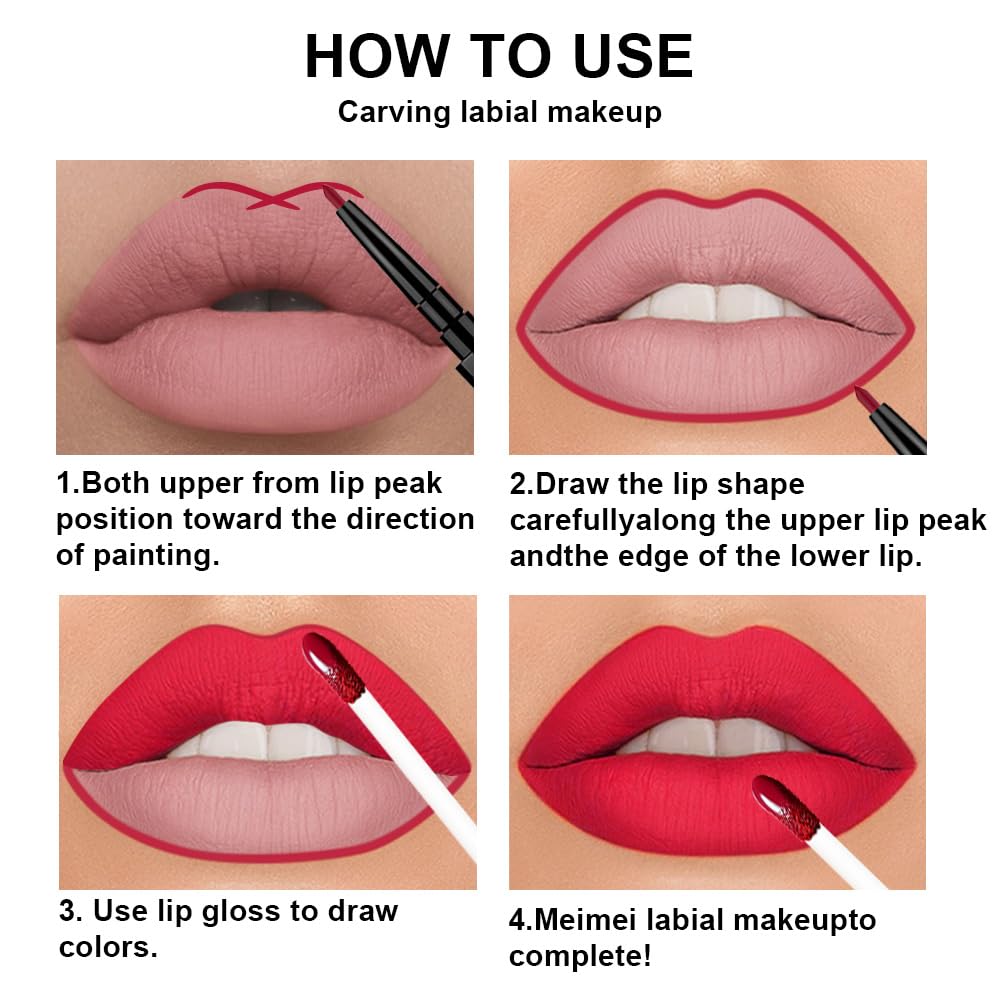 evpct 3Pcs Dark Red Orange Fire Red Matte Lip Liner & Liquid Lipstick Stain Makeup Set for Women, Lip Liner Stain Long Lasting Waterproof Smudge Proof, Cruelty Free Lip Makeup 24 hours original labios-Velvo Beauty