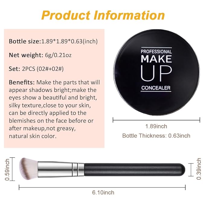 Kaely 2Pcs Pot Concealer Full Coverage Set,under Eye Brightener Concealer for Conceals Dark Circles,Waterproof Foundation Face Makeup Brush Kit,Color Correcting Concealer,02+02-Velvo Beauty