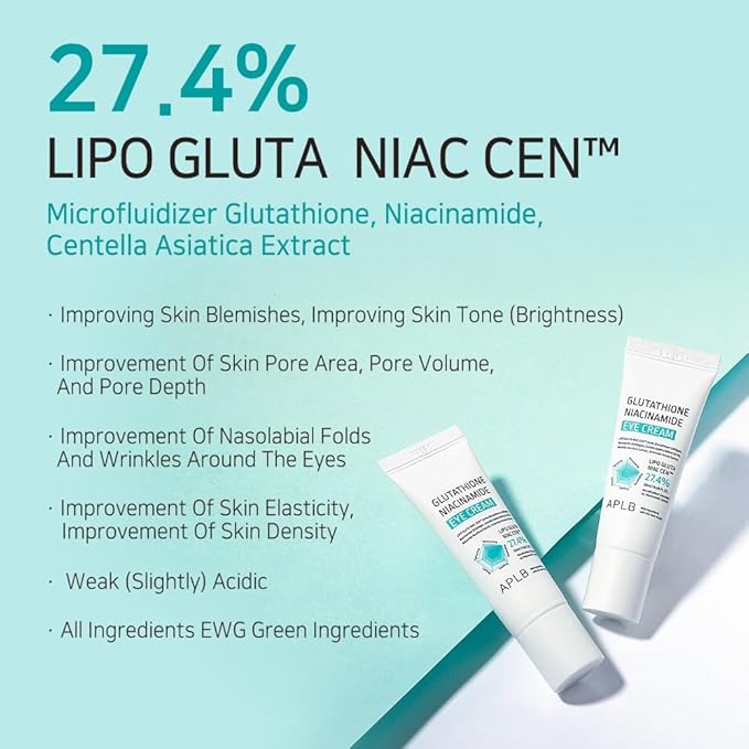 APLB Glutathione Niacinamide Eye Cream | LIPO GLUTA NIAC CEN™ 27.4% 0.68 FL.OZ/Korean Skincare, Eye cream for dark circles and puffiness, Improve elasticity & provide moisture around eye region-Velvo Beauty