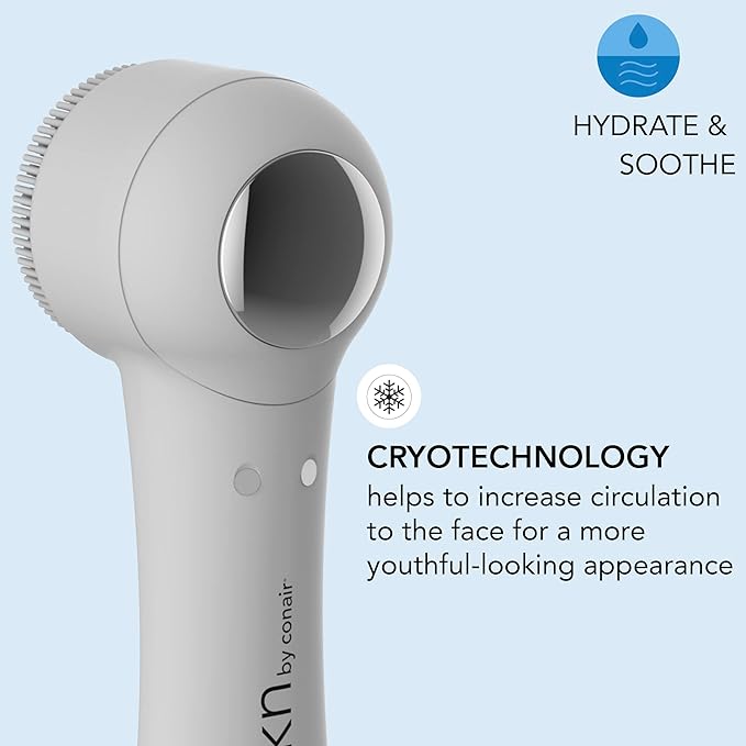 skn by conair Cryotherapy Advanced Facial Cleansing Brush, Featuring Ultra-Hygienic Silicone Brush Head and Cool Plate to Help Soothe Inflammation and Reduce Puffiness-Velvo Beauty