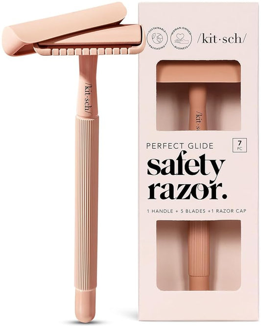 Kitsch Double Edge Safety Razors for Women and Men, Long Metal Handle and Stainless Steel Single Blade Razor with 5 Double Edge Refills, for Shaving and Travel Essentials - Terracotta-Velvo Beauty