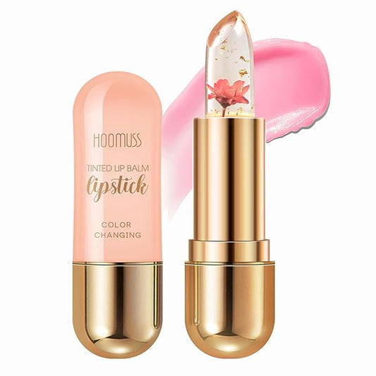 Tinted Lip Balm, Flower Lipstick Tinted Lip Gloss Long Lasting PH Lipstick, Color Changing Lipstick Natural Chapstick, Glitter Pink Shade Lipstick, Pink Flower-Velvo Beauty
