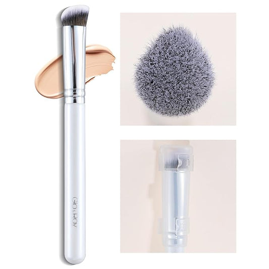 GLO&RAY Concealer Brush Under Eye - Makeup Brush Angled Flat Teardrop, Nose Contour for Powder Pro Concealing Blending for Liquid & Cream Cosmetic, Foundation Brushes Small With Dust Cover (White)-Velvo Beauty