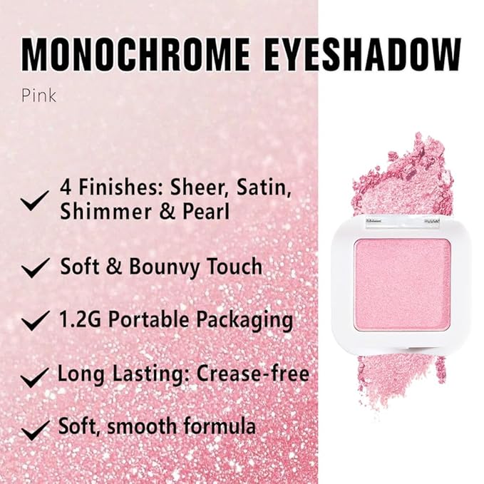 Pressed Single Eyeshadow Palette - Mini Shadow in Pink | Shimmer & Glitter Makeup for Women | Highly Pigmented, Blendable Monochrome Powder Eye Shadow | Everyday Natural Eye Makeup-Velvo Beauty