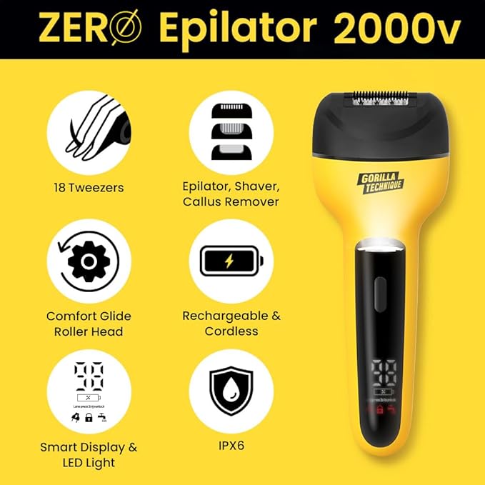 Gorilla Technique 3-in-1 Epilator 2000V, Facial & Body Hair Removal Device, Pain Relief Roller, Cordless Rechargeable Electric Tweezers & Shaver & Callus Remover, Women & Men, Korean Skin Care - 2000V-Velvo Beauty