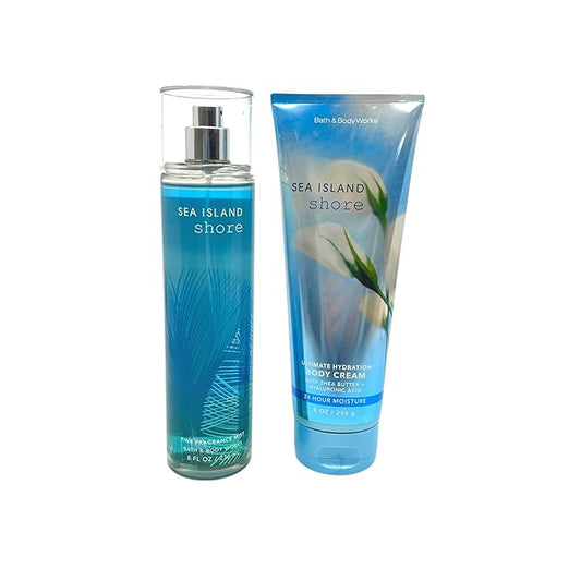 Bath & Body Works Sea Island Shore - 2 pc bundle - Fragrance Mist 8 oz and Ultimate Hydration Body Cream 8oz-Velvo Beauty