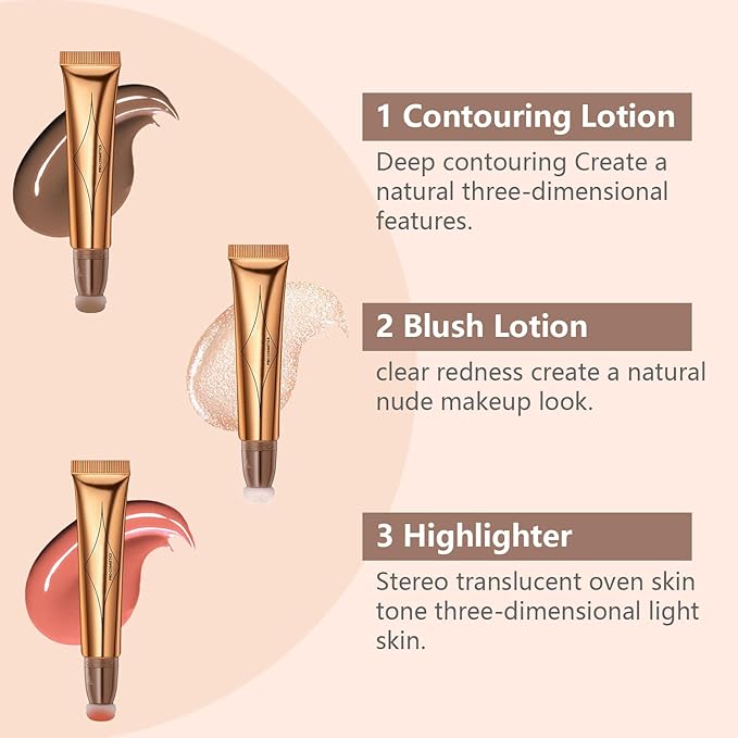 Liquid Contour Beauty Wand Set,Blush Liquid Contour Stick Highlighter Makeup With Cushion Applicator,Long Lasting Smooth Natural Matte Finish,Lightweight Blendable Super Silky Cream Sticks (01#02#04)-Velvo Beauty