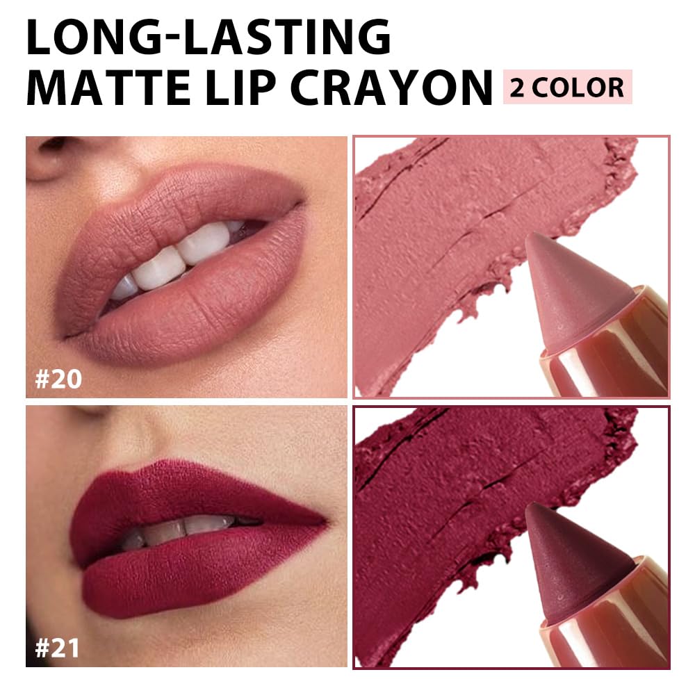 BINGBRUSH Matte Lip Crayon Set – Longwear, Waterproof, Velvet Finish, Built-in Sharpener, Smooth Lip Liner & Gloss (20#+21#, 2 Count (Pack of 1))-Velvo Beauty