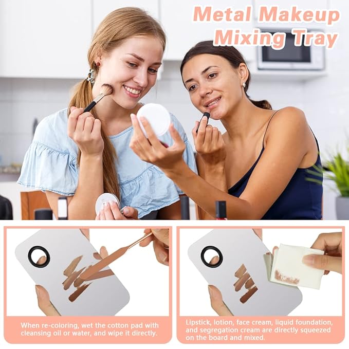 3PCS Makeup Mixing Palette, Stainless Steel Cosmetic Makeup Palette With Spatula Makeup Artist Tool, Professional Cosmetic Mixing Makeup Palette For Mixing Eye Shadow/Eyelash/Nail Art/Foundation-Velvo Beauty
