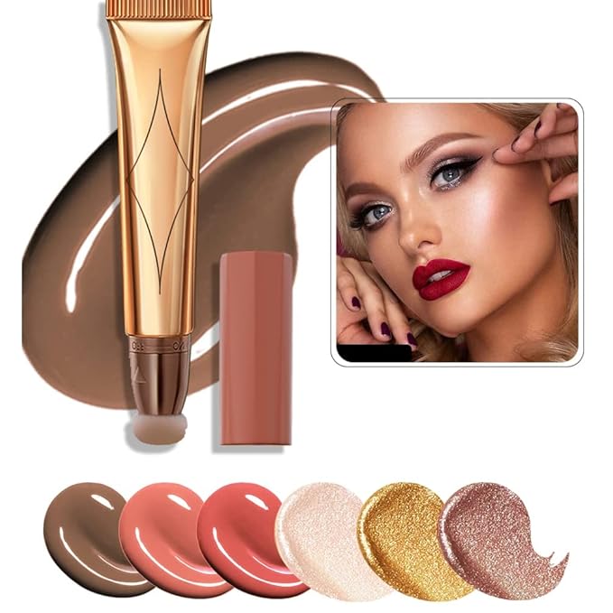 3 Color Contour Beauty Wand, Highlighter ,Face Concealer Contouring with Cushion Applicator Long Lasting & Smooth Matte Finish Liquid Illuminator Makeup Stick .(01 Contour+03 Cherry Red +05 Bronze Gold)-Velvo Beauty