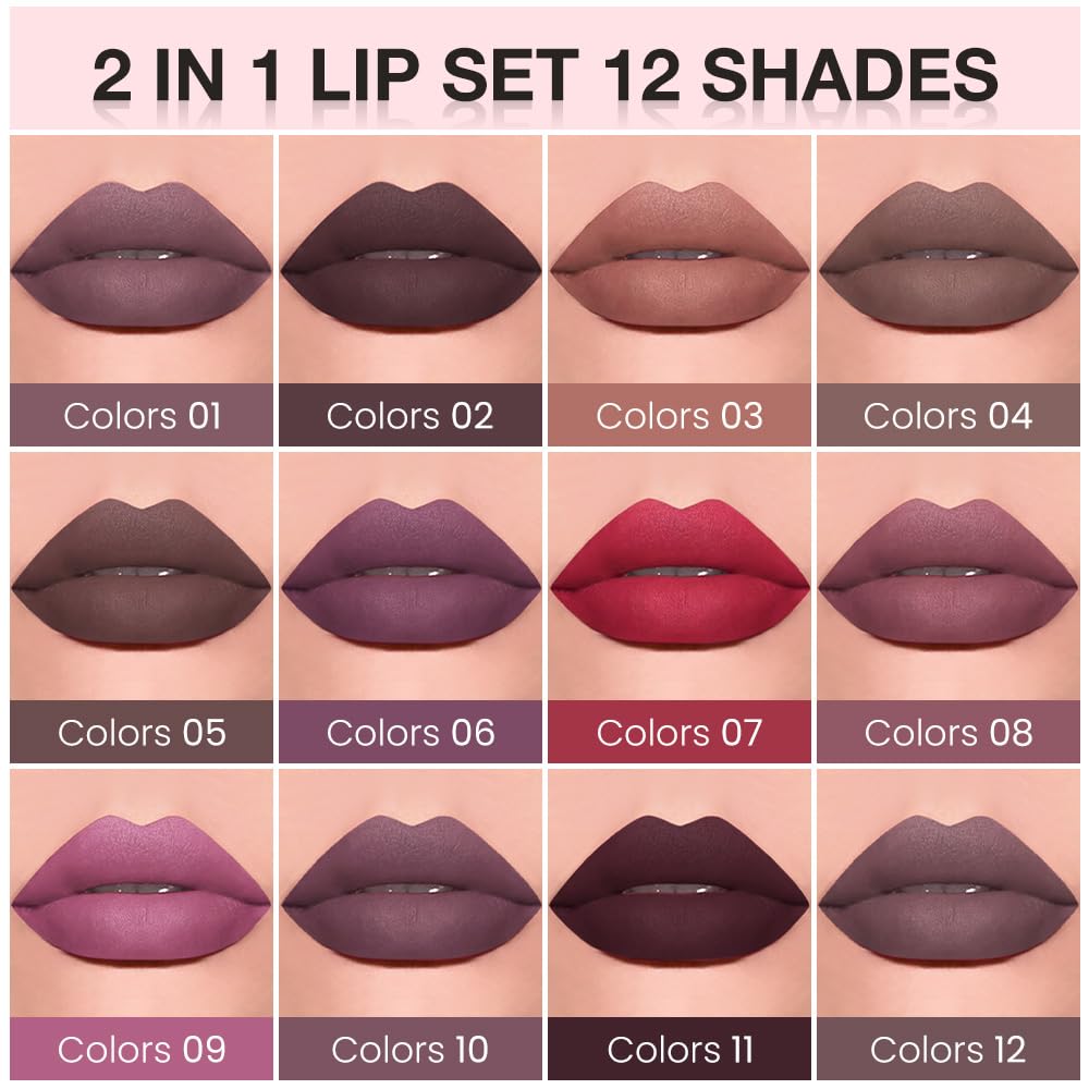 evpct Retractable 1Pcs Lip Liner Pencils and 1 Pcs Lip Gloss Makeup Set for Shaping & Sculpting Lips, Plum Long-Lasting Waterproof Longwear Matte Rich Lip Colors Liner Crayon Liquid Lipstick 11#-Velvo Beauty