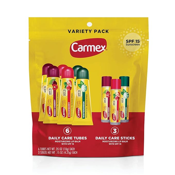 Carmex Daily Care Moisturizing Lip Balm Pack, SPF 15, Multi-Flavor Lip Care Variety Pack Bag, 9 Count (6 Tubes, 3 Sticks)-Velvo Beauty