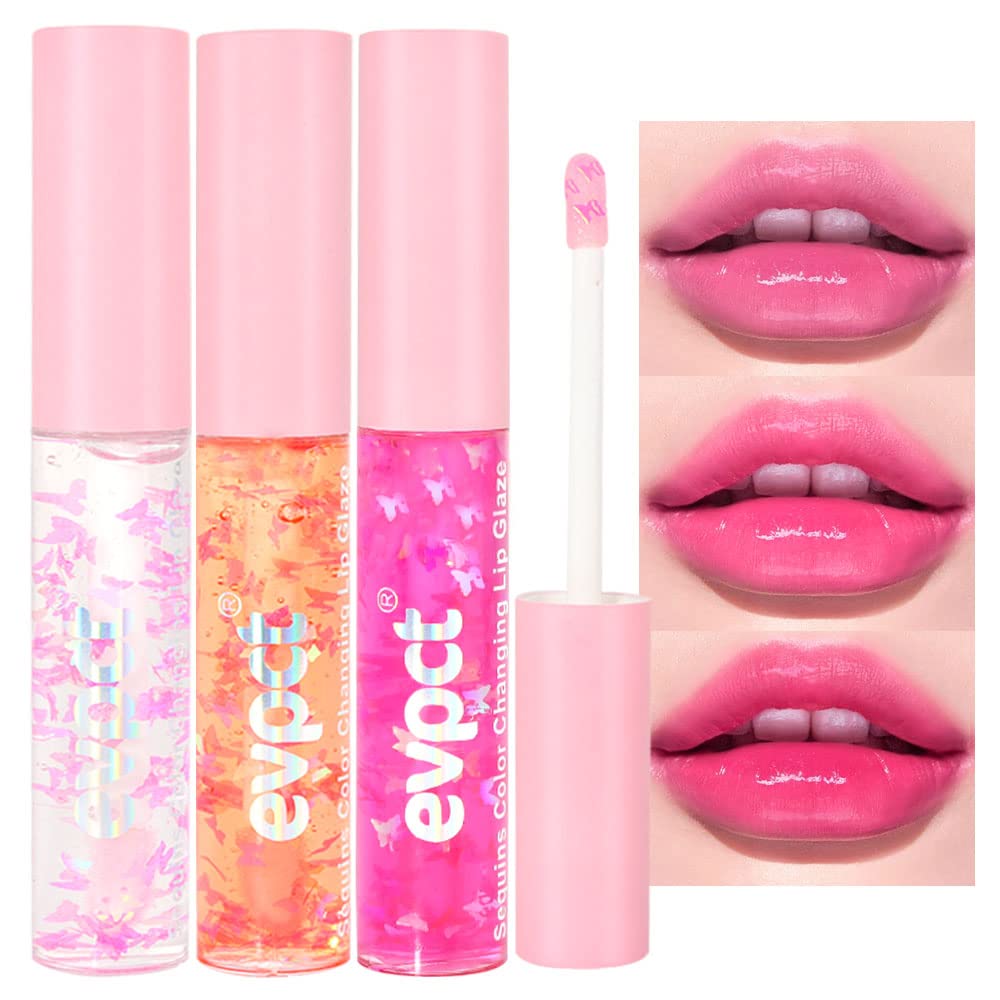 evpct 3Pcs Clear Color Changing PH Tinted Lip Gloss Sets for Women, Pink Mood Lip Oil Gloss Balm Tint Stain Glaze Pack Hydrating 0.34 fl.oz *3-Velvo Beauty