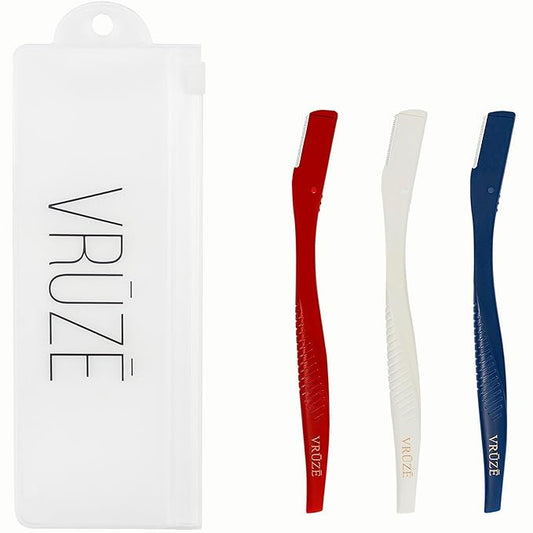Dermaplane Razor, Eyebrow Razor & Peach Fuzz Remover, Micro-Pitch Facial Razors for Men & Women, Dermaplaning tool for Sensitive Skin Exfoliation with Protective Cover, Red, White, Blue (3-pack)-Velvo Beauty
