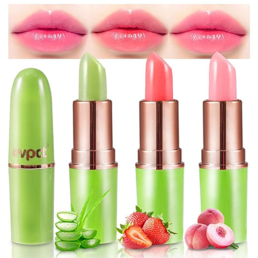 evpct 3Pcs Magic Color Changing Lipstick Long Lasting Waterproof 24 Hours Original for Women, Aloe Vera Strawberry Peach Pink PH Mood Permanent Color Changing Lipstick Lip Balm Gloss, labial magico-Velvo Beauty