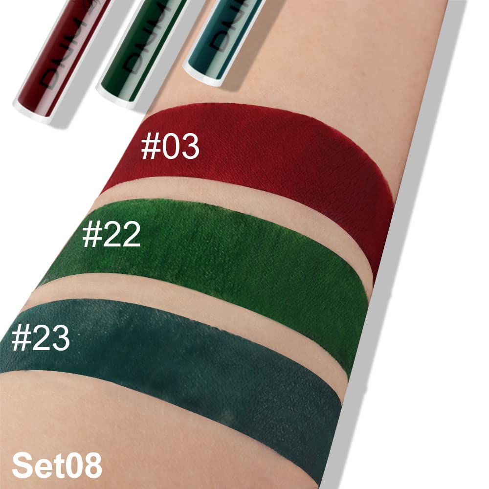 evpct 3Pcs Dark Color Colored Red Emerald Green Matte Liquid Lipstick Make up Set 24 Hour Long Lasting Waterproof Smudge Proof Deep red Green Liquid Lipstick Matte Lip Stain Gloss Liner Kit 8-Velvo Beauty