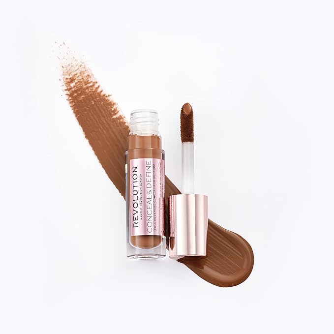 Makeup Revolution Conceal & Define Concealer, Full Coverage Makeup Concealer, Matte Finish & Long Wear, For Dark or Deep Skin Tones, Vegan, C16, 4ml-Velvo Beauty