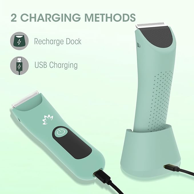 Lanumi Bikini Trimmer Women Rechargeable Body Hair Trimmer Electric Shaver Pubic Hair Grooming Kit with Charging Dock IPX7 Waterproof Wet/Dry Use (Green)-Velvo Beauty