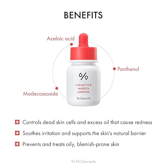 Dr.Ceuracle Azelaic Acid 10 & Madecassoside Ampoule - Redness Relief and Soothing Serum for Sensitive Skin and Blemish-Prone Spot Care, Korean Skincare-Velvo Beauty