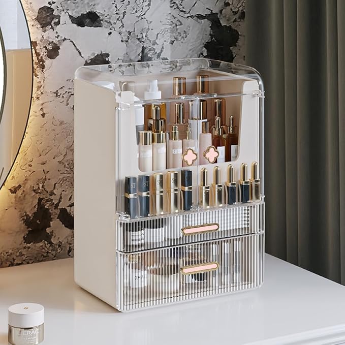 Acrylic Makeup Organizer with Drawers – 38.5CM Large Capacity Cosmetic Storage Box, Dustproof & Waterproof Vanity Organizer for Skincare, Jewelry, Lipsticks & Beauty Products (White)-Velvo Beauty