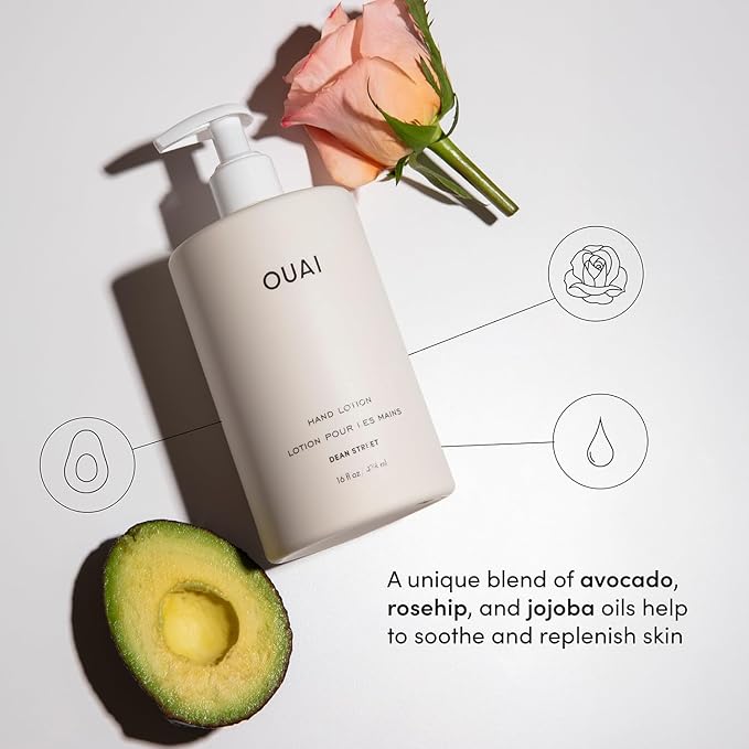 OUAI Hand Lotion - Daily, Lightweight, Hydrating Lotion for Dry Skin - Made with Avocado, Rosehip and Jojoba Oil to Lock in Moisture - Never Greasy (16 Fl Oz)-Velvo Beauty