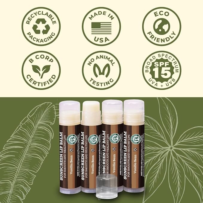 SPF Lip Balm 4-Pack by Earth's Daughter - Lip Sunscreen, SPF 15, Organic Ingredients, Vanilla Flavor, Beeswax, Coconut Oil, Vitamin E - Hypoallergenic, Paraben Free, Gluten Free-Velvo Beauty
