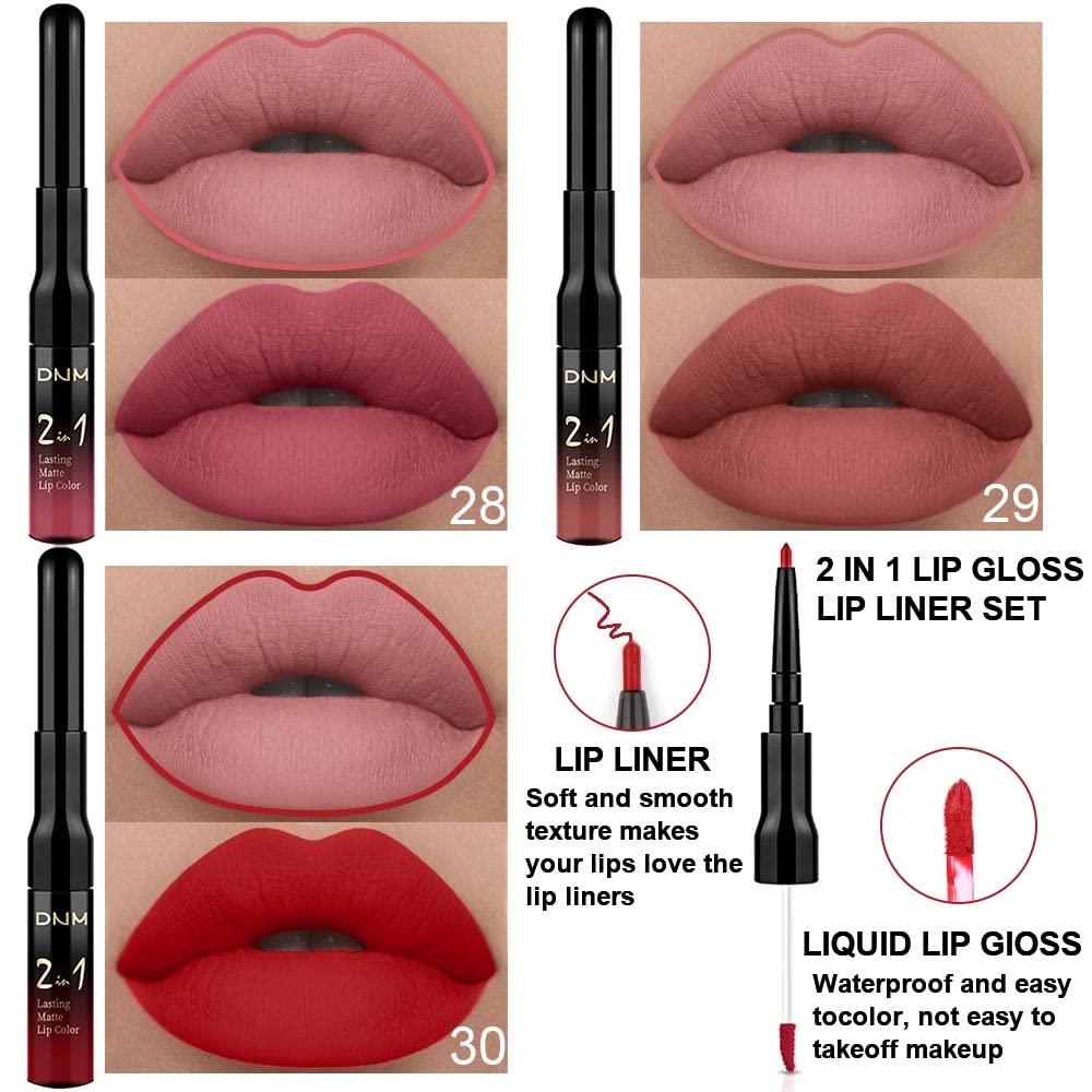 evpct 3Pcs Mauve Neutral Light Rosey Nude Blue Red Matte Liquid Lipstick and Lip Liner Stain Sets for Women, Long Lasting 24 Hours Matte Lipstick labiales matte larga duracion 24 mate originales-Velvo Beauty