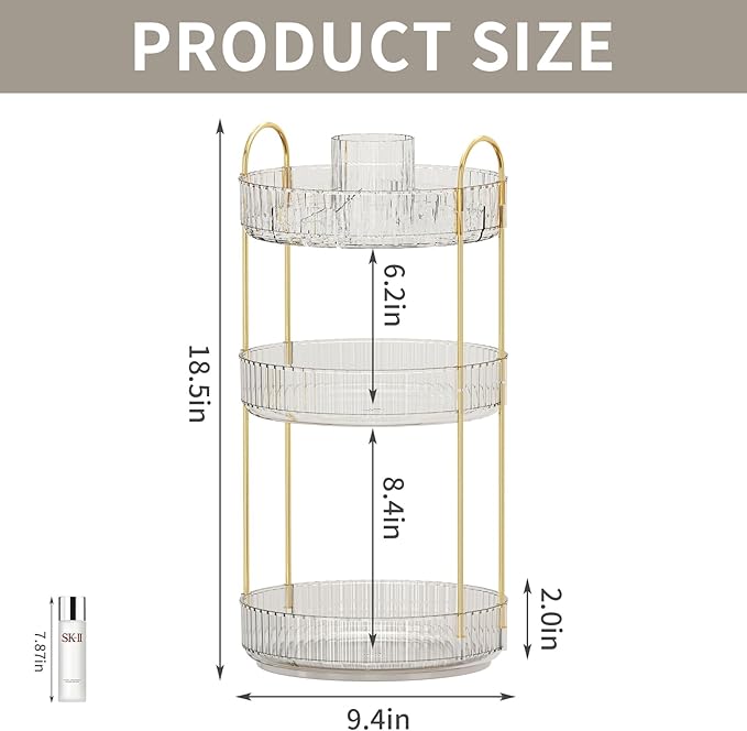 360° Rotating Makeup Organizer, Large-Capacity Skincare Make Up Storage 3 Tier Perfume Organizers Cosmetic Dresser Organizer with Makeup Brush Holder, Fits Bedroom, Bathroom, Vanity Shelf Countertop-Velvo Beauty