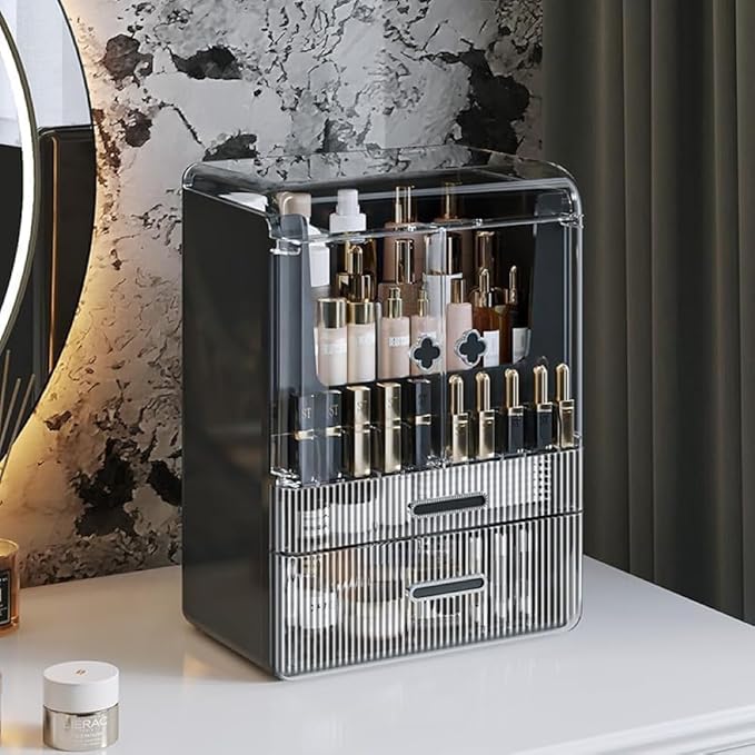 Acrylic Makeup Organizer with Drawers – 38.5CM Large Capacity Cosmetic Storage Box, Dustproof & Waterproof Vanity Organizer for Skincare, Jewelry, Lipsticks & Beauty Products (Black)-Velvo Beauty