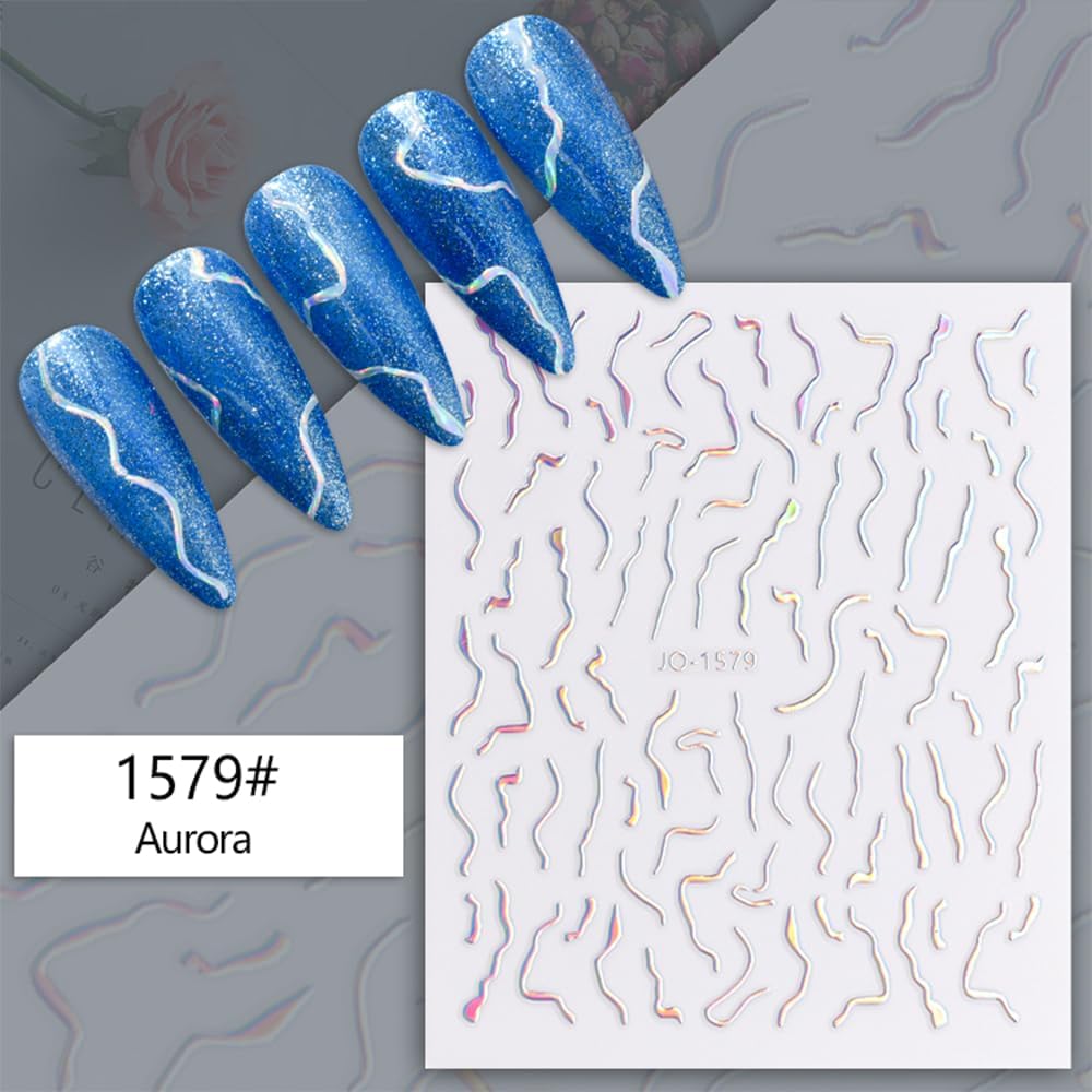 12 Sheets French Line Nail Art Stickers Aurora Star Heart Nail Decals Self-Adhesive Pegatinas Uñas Glitter Holographic Laser Silver Nail Supplies for Women Nail Art Design Decoration-Velvo Beauty