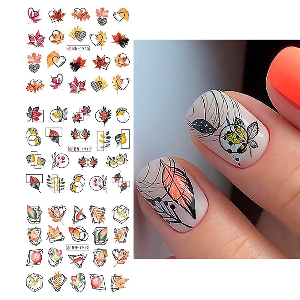 Fall Nail Art Stickers Thanksgiving Nail Decals 24 Sheets Maple Leaves Pumpkin Water Transfer Maple Leaf Turkey Pumpkin Animal Nail Design Sticker for Women Girls Fingernail Tattoos Decoration-Velvo Beauty