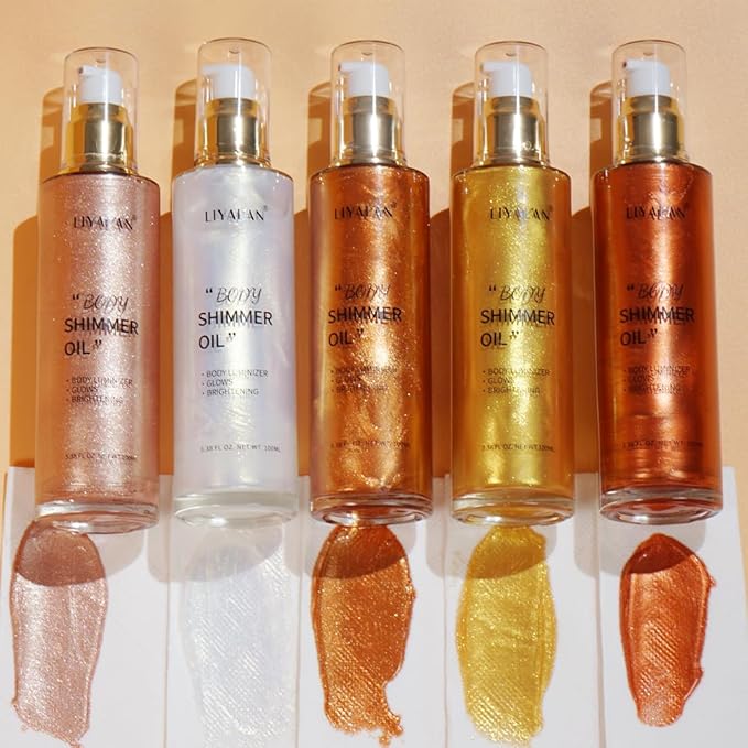 Liyalan Shimmer Body Oil 5 Color Gold 3.38 Fl Oz Face Glow Pearl Highlighter Illuminator Body Makeup Shine Glitter Gold Liquid Taning-Velvo Beauty