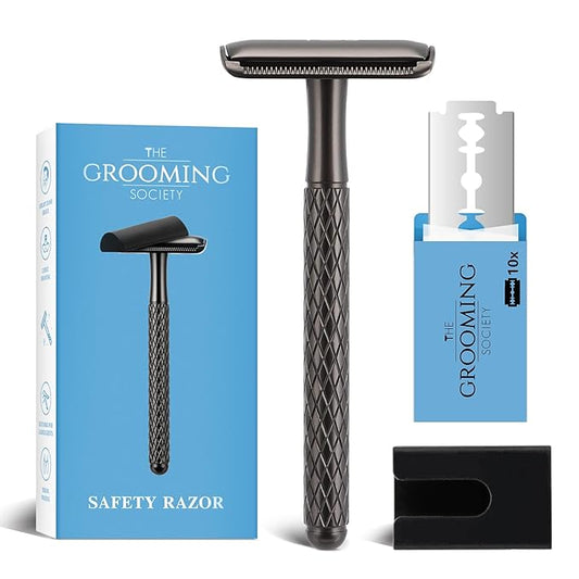 Single Blade Safety Razor for Men with Silicone Cover & 10 Blades Double Edge Safety Razor for Travel Metal Eco-Friendly Reusable Razor for Shaving (Matte Black)-Velvo Beauty