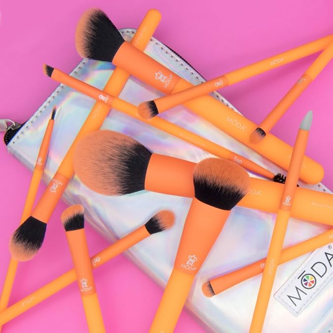 MODA Totally Electric Neon Orange Full Face Makeup Brush Kit – 13pc Vibrant Brush Set for Face & Eyes with Zip Case-Velvo Beauty