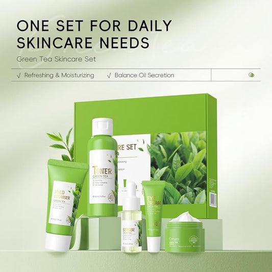 Skin Care Set, Green Tea Skin Care Sets & Kits, Skin Care for Teenage Girls Gift Set with Cleanser, Toner, Serum, Eye Cream, Facial Cream, Facial Skin Care Sets & Kits for Teenage Girls Women-Velvo Beauty