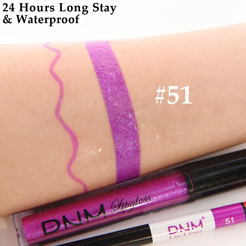 evpct 2Pcs Purple Shimmer Glitter Shiny Liquid Lipstick Lip Gloss Stain and Retractable Lip Liner Makeup Set for Women Long Lasting Waterproof 24 Hours Lipstick labial mate larga duracion 24 51#-Velvo Beauty