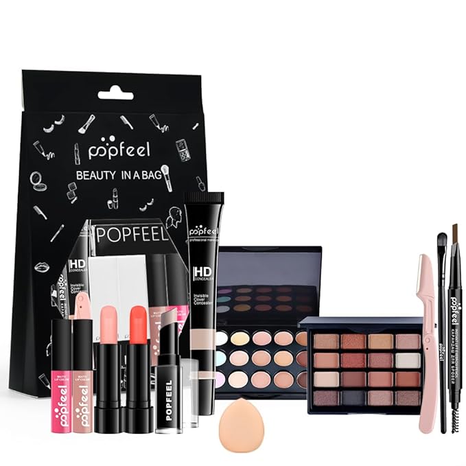 All in One Eyeshadow Palette Makeup Set, Makeup Kit with Earth Tone Eyeshadow Palette, Mascara, Concealer Palette, Lip Gloss,Travel Makeup Bundle Holiday Surprising Makeup Box for Women Girl-Velvo Beauty